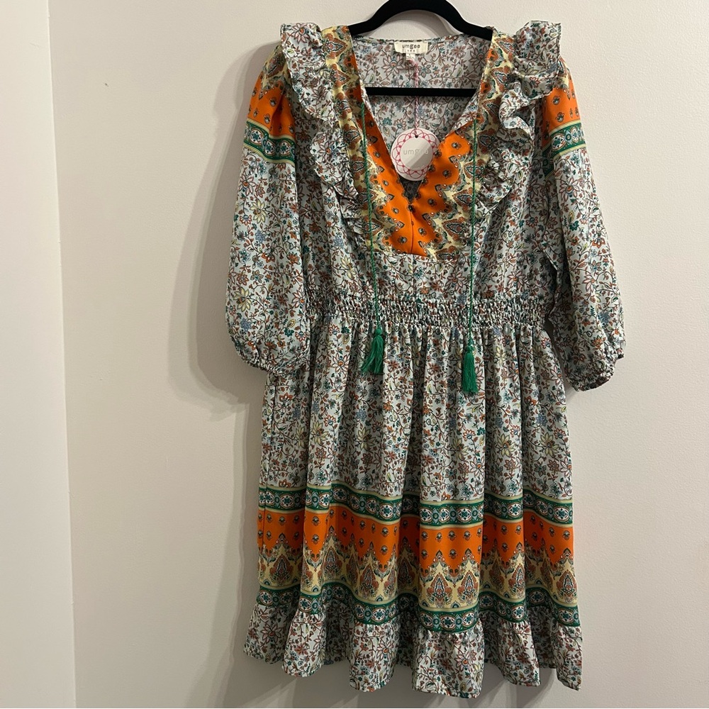 NWT Umgee Floral Bohemian Mini Dress Womens Size Large Empire Waist V Neck Flowy